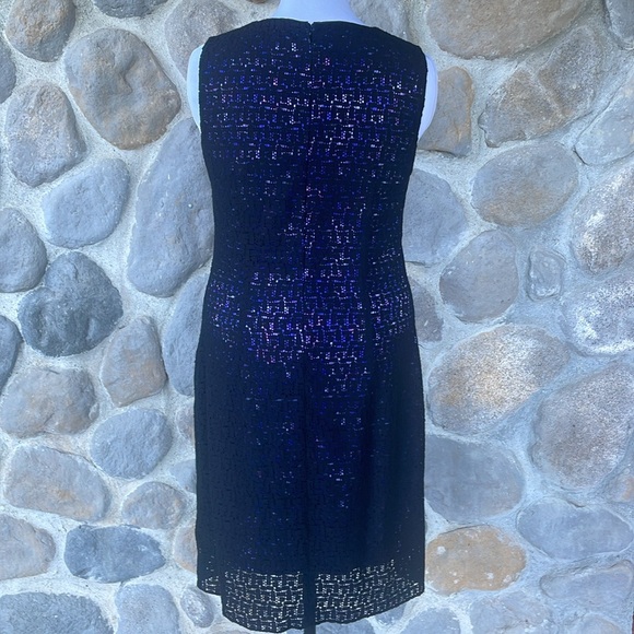 Tahari sheath dress black geometric lace with bright purple floral underlayer - Picture 3 of 12